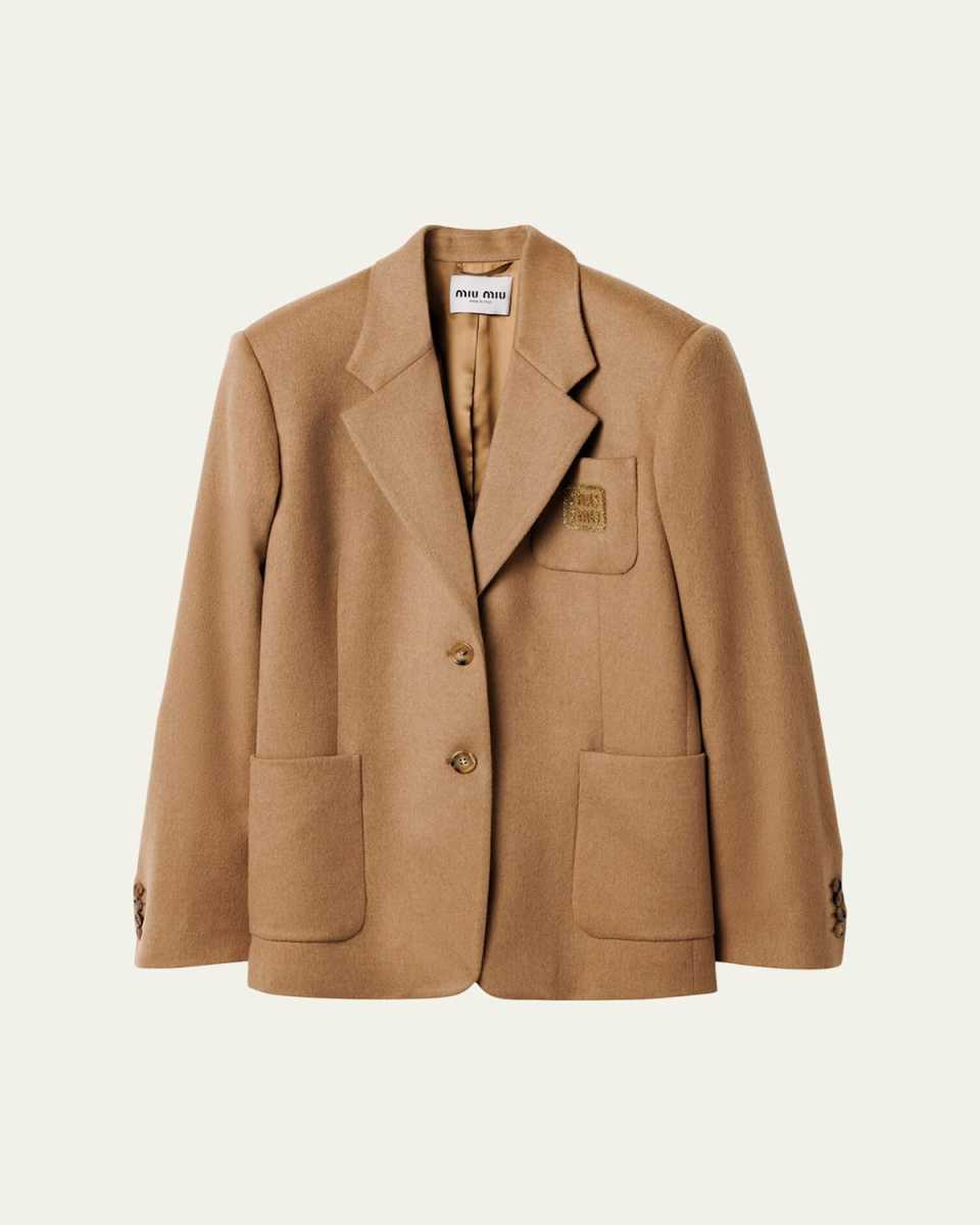 Logo Embroidered Camel Hair Jacket